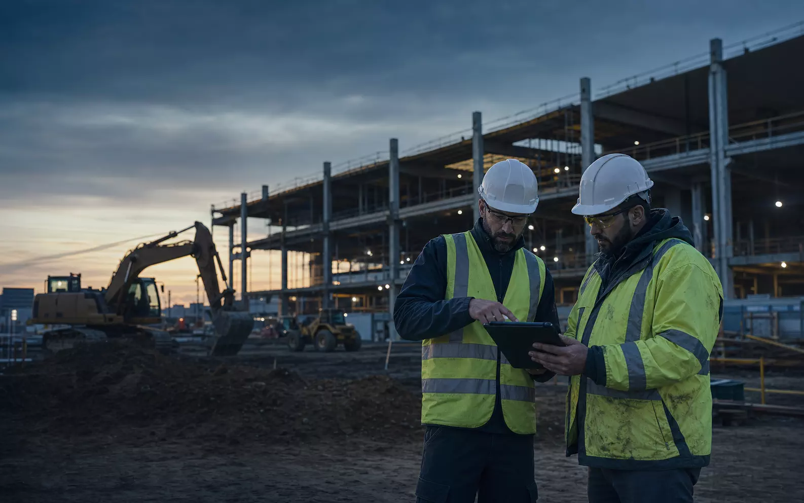 Two specialty-contractor supervisors reviewing project information on a jobsite