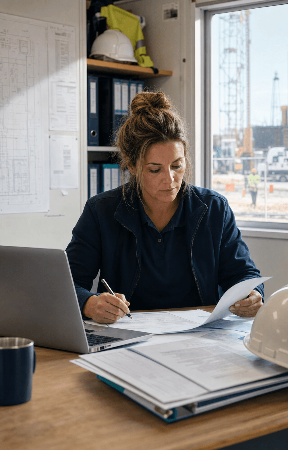 Contractor office manager reviewing paperwork in a field office